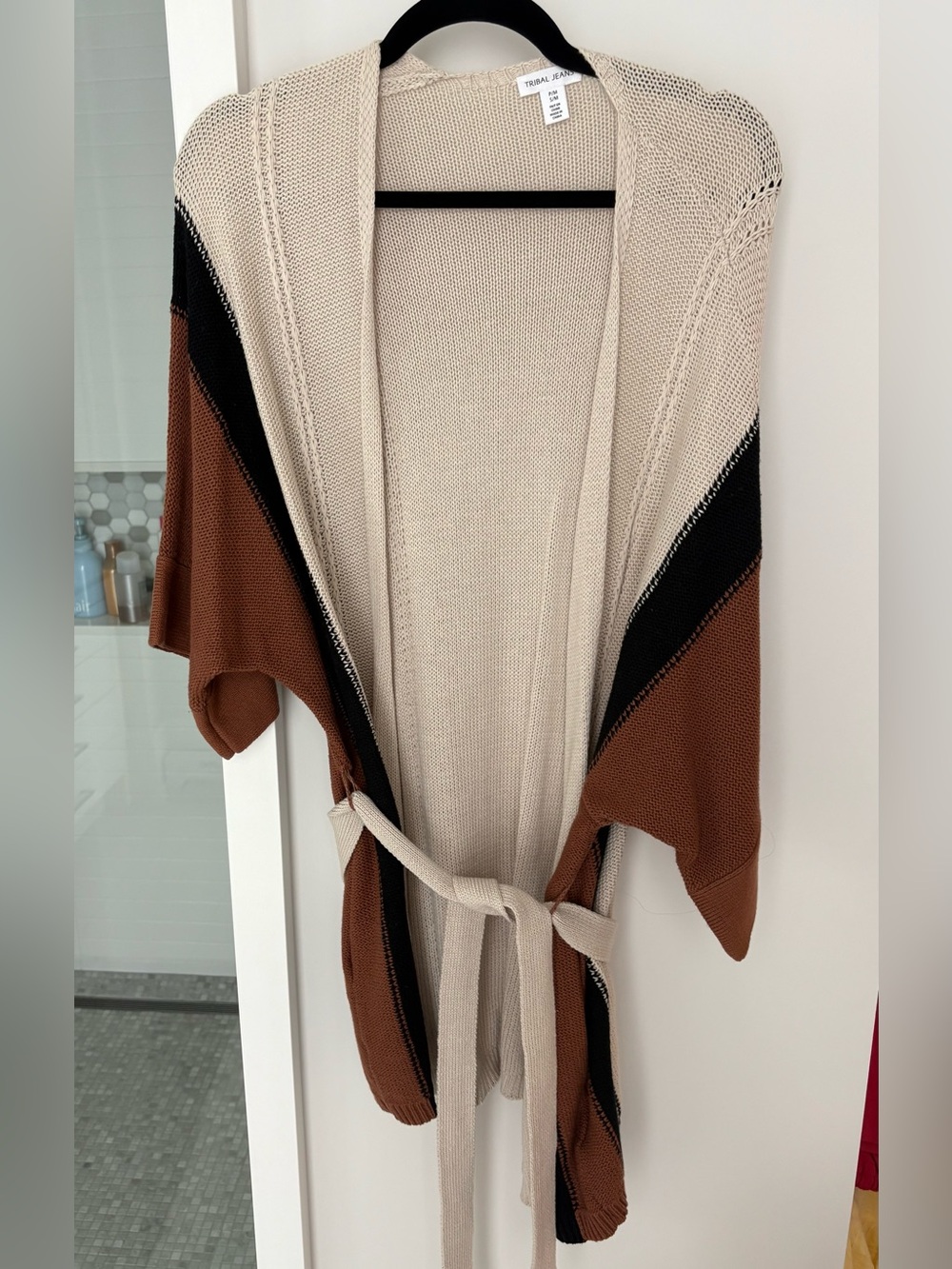 Tribal Jeans Colorblock Belted Knit Cardigan - Cream, Brown & Black